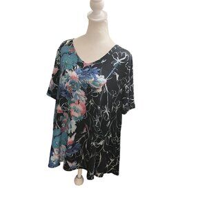 Womens NWT Catherines Petite Floral Print V-Neck Top 0XWP Black & Blue